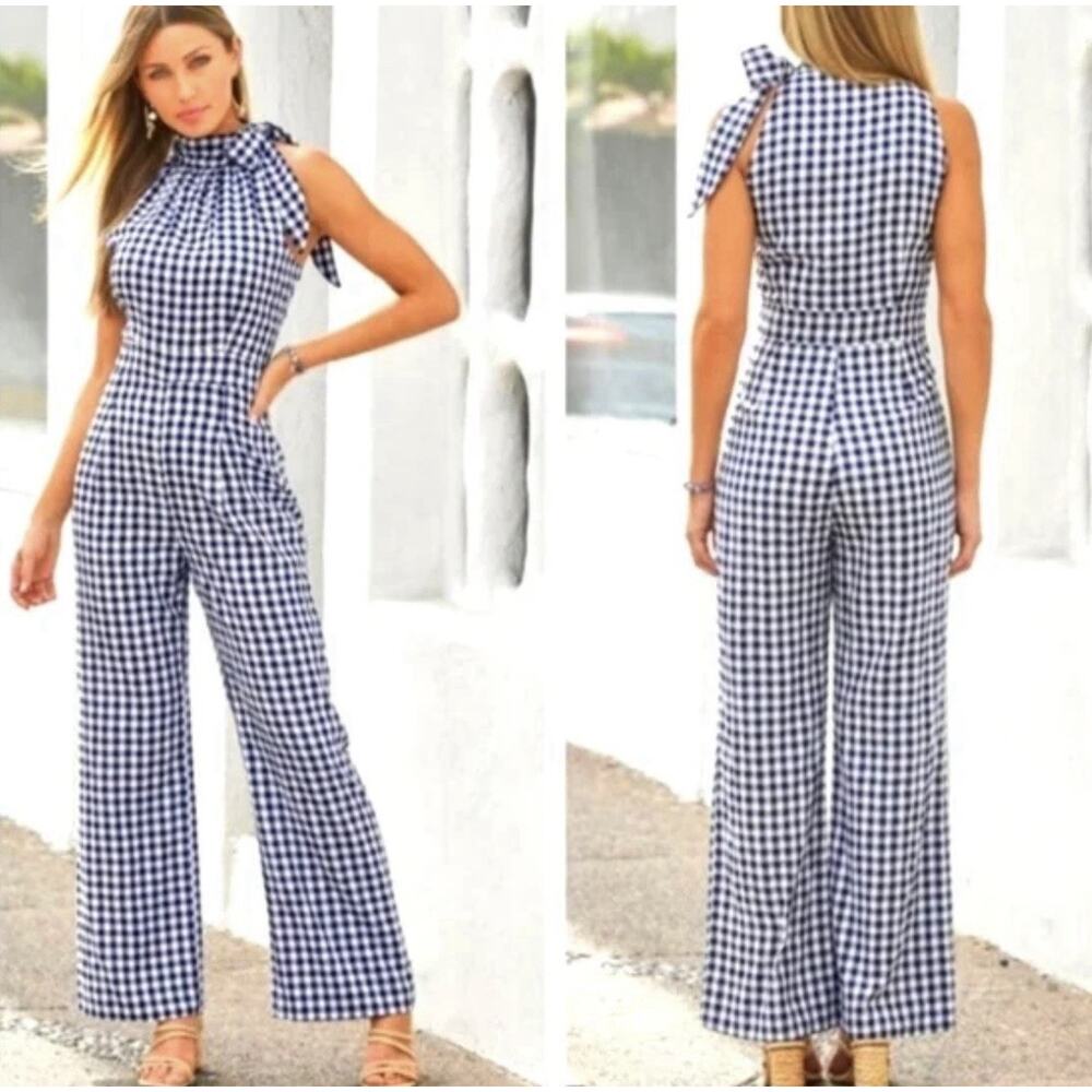 Boston Proper Size 10 Navy Gingham Halter Bow Jumpsuit
